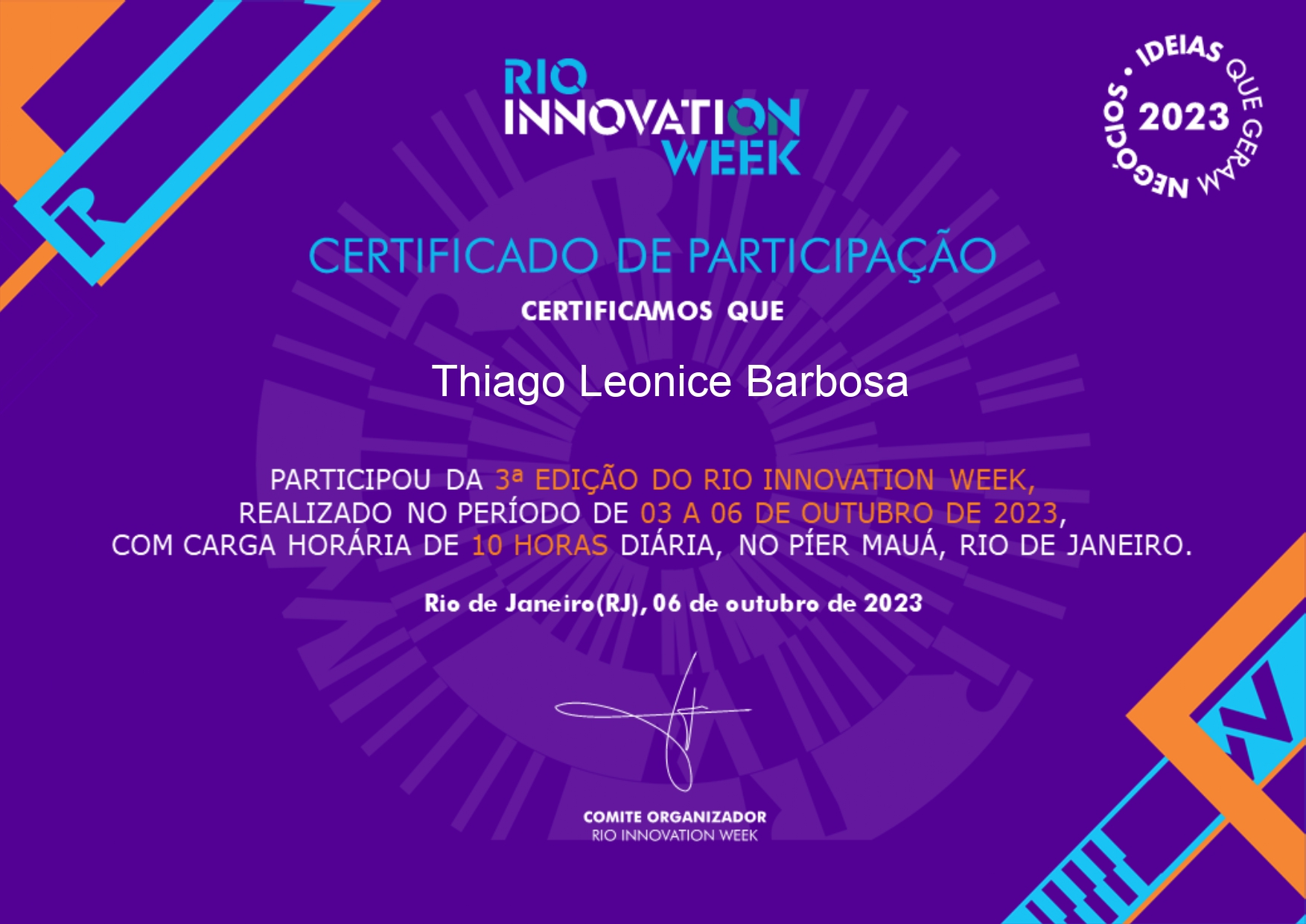 Certificado Rio Innovation Week 2023